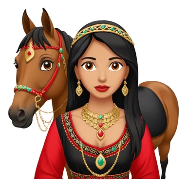 A woman in a Arab black and red embroidered dress poses beside a horse, wearing gold necklace  sticker