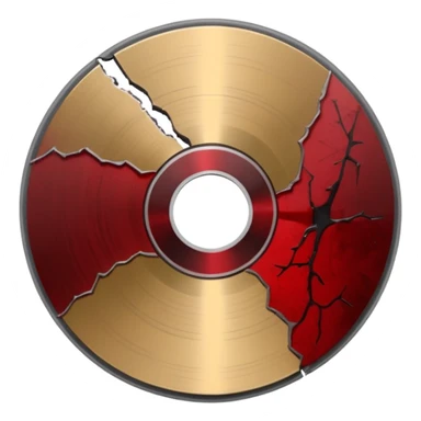 Minimalist emoji-style sticker of a single CD with a sharp crack and a dried blood spot. View from above, black, gray, and muted red.
 sticker