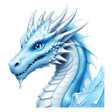 Cinematic Noble wise elegant Ice Dragon Portrait Emoji, Poised and imposing, distinct long elegant snout, with a slender, scaled body shimmering in glacial hues of icy blue, frostbitten silver, and crystalline white, breathing out frost, with piercing, glowing ice blue white eyes that radiate the chilling depths of an arctic storm; rendered in detail. excuding wisdom sticker