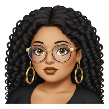 big plus size, latina, darker tan skin, gold hoops, long black curly hair, baddie,pretty, makeup, lipgloss, black eyeliner, long hair, black top, black glasses sticker