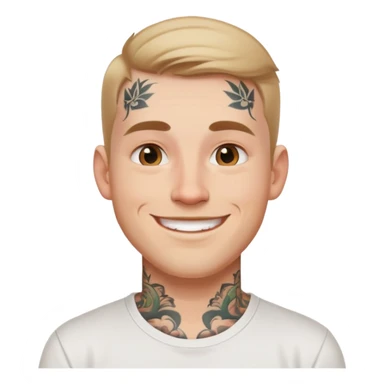 white man with small face tattoo, smiling, wearing a white t-shirt sticker