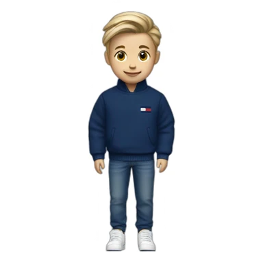 A child that is white with a dark blue tommy hilfiger sweater with a dark blue jean and adidas shoes sticker