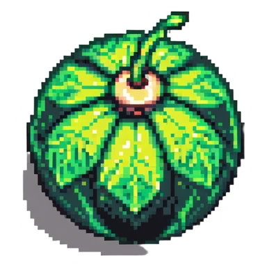 Green digital bomb animation frame 3, round bomb body with green highlights, very short leaf-shaped fuse at top, brighter green glow, nature-inspired design, pixel art style sticker