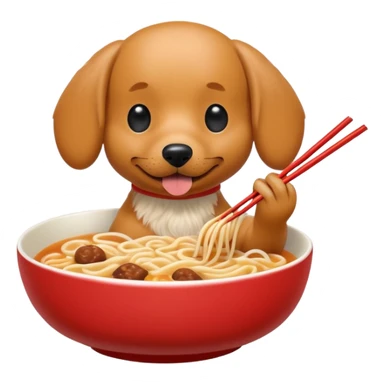 retro arcade style weenie dog eating ramen noodles out of bowl with chopsticks sticker