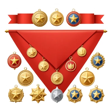 Icon for Collecting Orders, Medals & Badges: a variety of vintage orders, medals and badges, displayed neatly on a big red pennant or in a display case. The icon should reflect the honor and historical significance of these collectible items. Transparent background. sticker