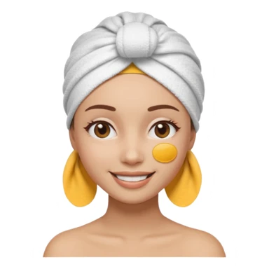 3D emoji style woman with towel head wrap, under-eye patches, smiling softly, clean girl skincare aesthetic, soft studio lighting, smooth skin texture, minimalist beige background, high resolution, PNG sticker