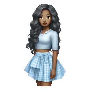 Full body Pretty mixed Asian black girl with long wavy hair wearing a baby blue and white plaid mini skirt with a white bow in her hair sticker