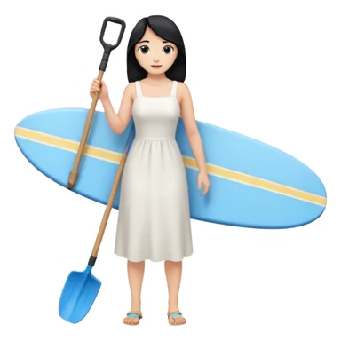 Princess who wearing white dress (woman) black hair holding her phone with her hand and holding long shovel with another hand. Under her feet, there is one blue surfing board. sticker