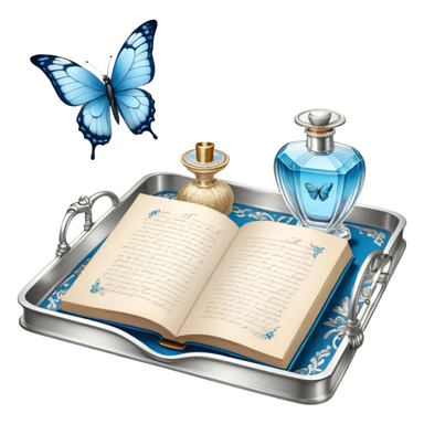 A silver-plated tray with an intricate floral pattern holds an open book of poetry, a folded love letter, and a vintage perfume bottle with a golden atomizer. A single blue butterfly is captured mid-flight, adding a touch of quiet magic to the scene. sticker