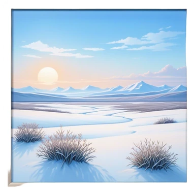 Cinematic Realistic Tundra Emoji in a wooden frame, Vast and cold, with wide expanses of snow-covered ground, sparse grasses poking through, and the occasional hardy shrub breaking up the pale white landscape. The sky above is a pale, frosty blue, and the light reflects off the snow, creating a serene yet starkly beautiful environment. Soft glowing outline, capturing the essence of a quiet, still, frozen wilderness where life endures despite the harsh conditions. sticker