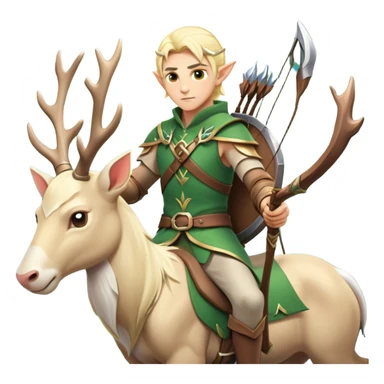 clash-of-clans-aesthetic-blond-male elf-archer-portrait-emoji, rendered in a flat, vector-style with minimal shading and bold, simplified shapes, head tilted slightly forward with a determined, focused expression, riding a majestic white stag whose antlers glow with mystical energy, set against an ancient, enchanted forest backdrop. sticker