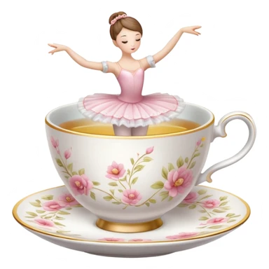 Porcelain tea cup with a floral pattern, steam rising, wearing a ballet tutu and in a graceful dance pose sticker