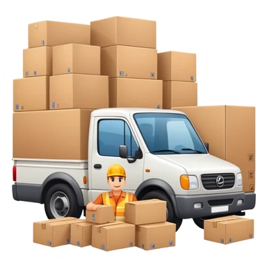 truck with a supplier in work uniform sitting inside, waving hi, cargo area overflowing with many boxes sticker