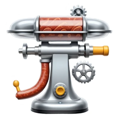sausage-processing droid. retro-futuristic style. top is a circular industrial meat grinder with rotating gears and blades. Two robotic arms feed material into grinder. Sausage links extrude from the rear like  factory. The body is metallic, compact, and floats above the ground.no legs. Dark humor sticker