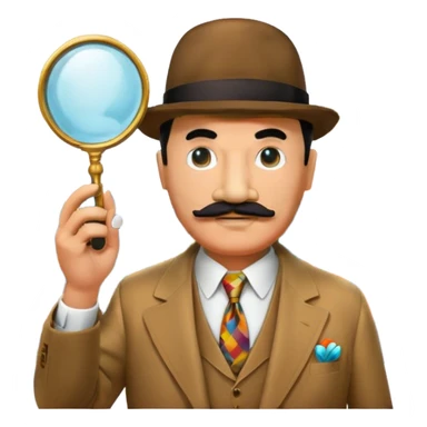 Icon for Detective Poirot: A colorful collage featuring Hercule Poirot in his iconic suit, with a mustache and a magnifying glass. Include a dark, mysterious city background and subtle clues like fingerprints or a crime scene. Retro movie poster style. Transparent background. sticker