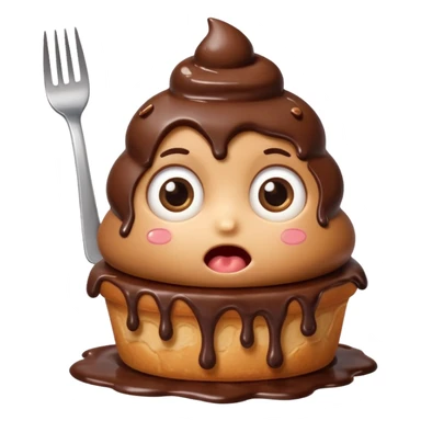 Funny cartoon chocolate mini pastry, holding tiny fork, wide shocked eyes, messy chocolate dripping, chibi style, Twitch emoji style, transparent background, colorful
 sticker