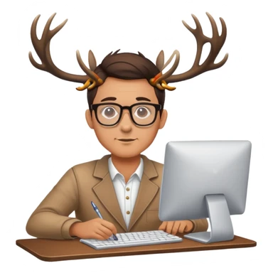 Guy works at computer with deers antlers  sticker