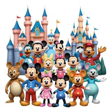 Colorful icon for Animated Movies: A vibrant collage featuring iconic characters like Goofy, Mickey Mouse, Franco, Masha and the Bear and Luntik. Each character should be large and bright, set against a cheerful and playful background of Disneyland. Transparent background. sticker