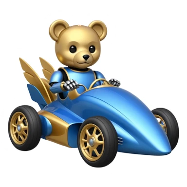  Metallic blue and gold-accented  kid-sized racing car for furry-faced evil scary robot teddy bear with custom aero body and rear wing and motorcycle-sized wheels  sticker