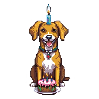 happy dog with candle-lit birthday cake sticker