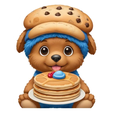 Cute small puppy with a Cookie Monster hat holding a stack of pancake sticker