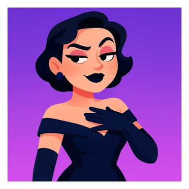 cute animated 3D cartoon character of a glamorous woman with short black hair in elegant curls, wearing a dark navy blue off-shoulder gown and long black gloves, confident slightly smug facial expression with bold dark makeup including black lipstick and sharp eyebrows, hand placed on chest as if in disbelief or sass, bright purple gradient background, mobile game character art style sticker