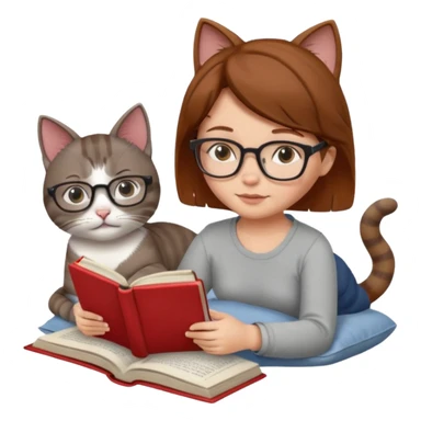 A girl is lying in bed. She has short chestnut hair styled neatly, is wearing glasses, and is reading a book. A grey cat is lying on her legs. The girl has no headband or ears, and the cat is not wearing glasses. sticker