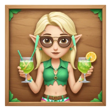 elf female legolas portrait, patterned board shorts (geometric/abstract), unique wooden-framed sunglasses, undercut hairstyle, slight smirk, visible pointy ears, no background, centered emoji, hipster summer vibe coctails sticker