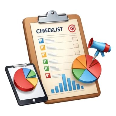 An icon featuring a pie chart, a clipboard with a checklist, and a megaphone, symbolizing management and marketing. The design includes upward-trending graphs and a target with an arrow, representing strategy and success. Transparent background highlights business organization and promotion. sticker