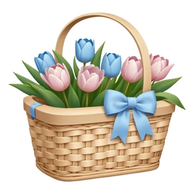 A white Picnic basket with pastel blue bow, white peonie, tulips sticker