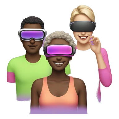 3 people different races, happy, wearing VR headsets pinks, purples, greens neon sticker
