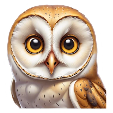 Cinematic Comical Barn Owl Portrait Emoji, Head tilted dramatically with an exaggeratedly amused expression, featuring a striking mottled plumage with bold contrasts, wide, expressive amber eyes filled with playful disbelief, Simplified yet hilariously expressive features, highly detailed, glowing with a slightly sassy glow, high shine, dramatic yet playful, stylized with an air of cheeky nocturnal mischief, bright and endearing, soft glowing outline, capturing the essence of a spirited and over-the-top owl, so meme-worthy it feels like it could hoot its way into internet fame instantly! sticker