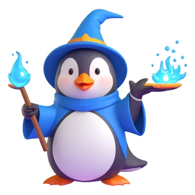 penguin wizard casting a spell with glowing effects in 3D style sticker