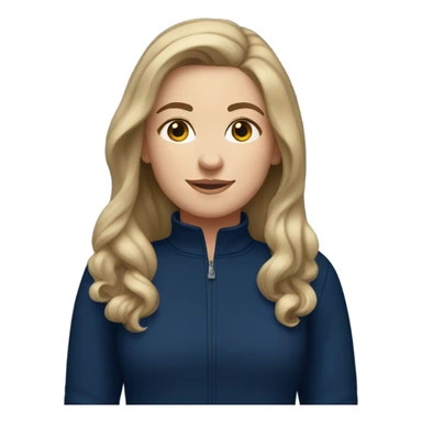 a white girl with dark blonde hair wearing a navy blue 3/4 zip sweatshirt sticker