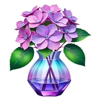 Hyperrealistic, 3D rendering, still life, smooth, clean thin lines, 8k, vivid purple and pink, very full lush Hydrangeas with detailed leaves. A soft iridescent pastel hue, crystal translucent glass vase, with satin and sparkly silk 3D bow sticker