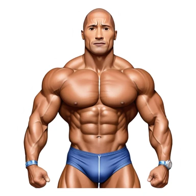 Dwayne Johnson, oiled and posing at the Mr. Universe bodybuilding championship, showcasing his muscular physique in an iconic display of strength. The background features the stage with judges and audience, capturing the intensity and prestige of the competition. Transparent background. sticker