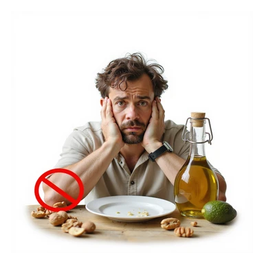 realistic man with dull hair and dry skin sitting at table with empty plate and bottle of olive oil, nuts, and avocado crossed out by a prohibition sign, worried expression, Italian caption: 'Mancanza di grassi buoni: salute ed estetica a rischio', isolated on white background sticker