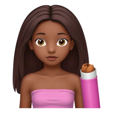A black 12 yr old girl brushing her shoulder length hair, doe eyes, almond eyes pink tube top and black hair like the 3rd. The first one but hair straight and long and close to body sticker