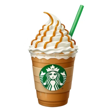 A 3D cartoon Starbucks Frappuccino cup with whipped cream and caramel drizzle, frosty texture, green straw, transparent cup with logo, soft cool lighting, Memoji-style. sticker