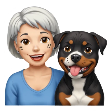 Pitt bull rottweiler white muzzle with black spots tongue out next to older woman with short silver hair sticker