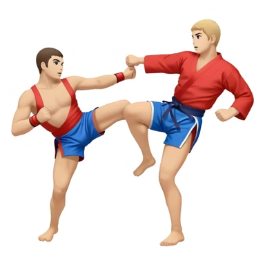An icon symbolizing Sambo, featuring two fighters in blue and red kimonos with shorts and wrestling shoes. One executes a powerful throw, while the other attempts a defensive grab. The fighters are engaged in a grapple, using joint locks and sweeps.  sticker