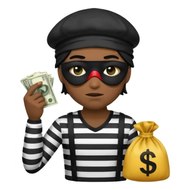 a short ios emoji-style portrait of a classic burglar, a black eye mask (looks like a blindfold) and a black-and-white striped shirt. emoji-like hair, black hat, ONE bag of money 💰 with a dollar sign in a right corner, evil expression WITHOUT a hand  sticker