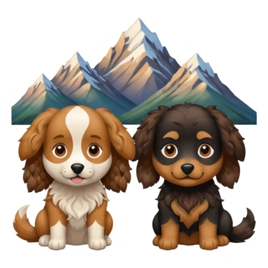 two dogs with wavy hair, one black and brown, one shades of brown with mountains sticker
