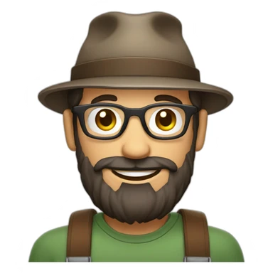 happy smile gardener face long dark beard and very short dark hair round glasses brown eyes and a hat sticker