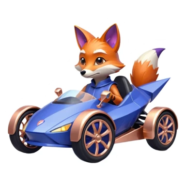 dark crystal blueberry and rosegold-accented cyber faceted-body electric racing car driven by a small cute alien relaxed fox with rear spoiler, roll bar, and wheely bar sticker