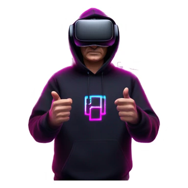 Putin wearing a black hoodie with "OMG" letters on it and VR headset oculus quest 2 in a cyberpunk VR environment with violet neon lighting. sticker