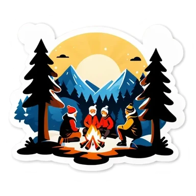 Drei Personen, Lagerfeuer in schneebedeckten Wald mit Nordlichtern am Himmel sticker
