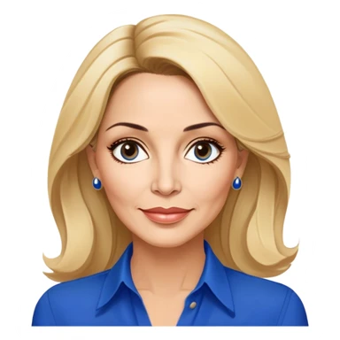 Linette Torres, 50-something Puerto Rican actress with fair complexion, beautiful mature facial features, bright expressive eyes, defined cheekbones with slight age lines, full lips with warm smile, blonde hair with sophisticated styling, wearing a stylish blue blouse sticker