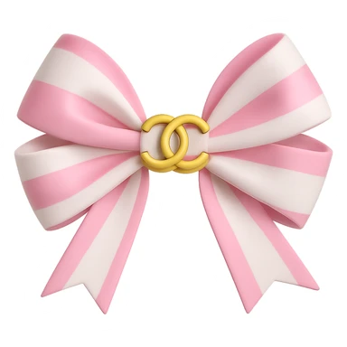 Change the bow to pink and white, keep the gold Chanel logo, shiny, elegant, 3D emoji style. Remove the background. sticker