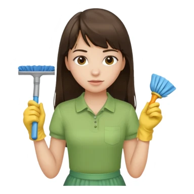 girl brunette with bangs long hair cleaning light green shirt sticker